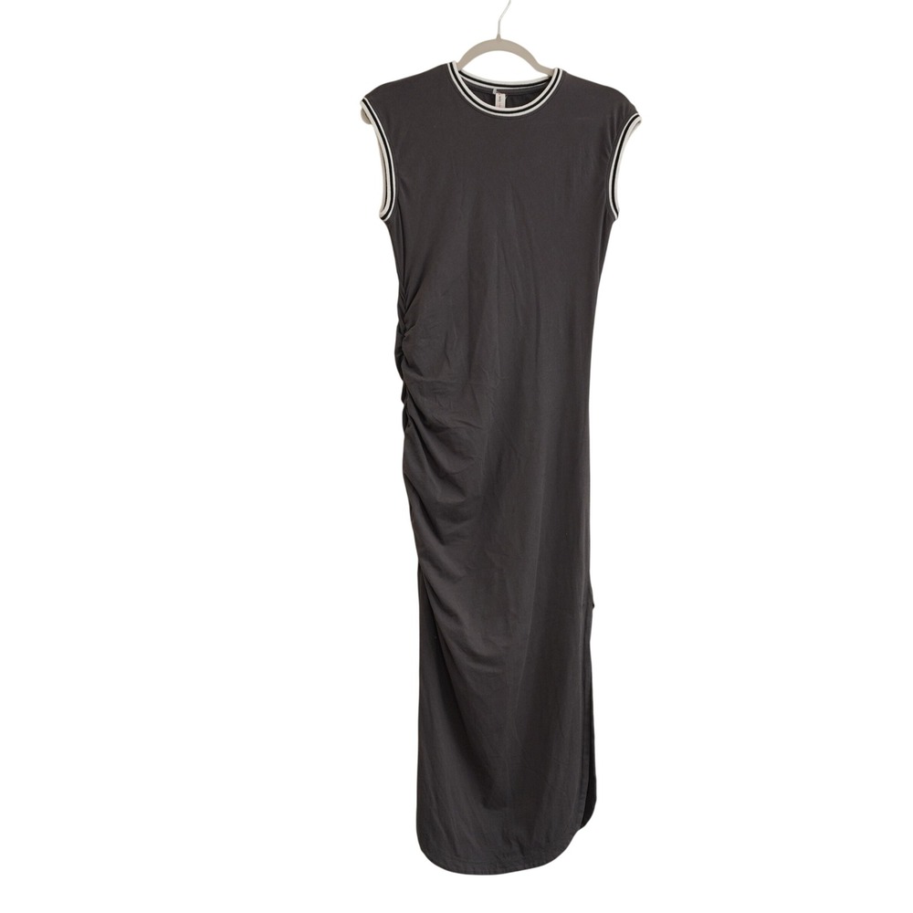 Daily Practice Grey Midi Dress Side Ruched Striped Trim Slit Athletic Athleisure